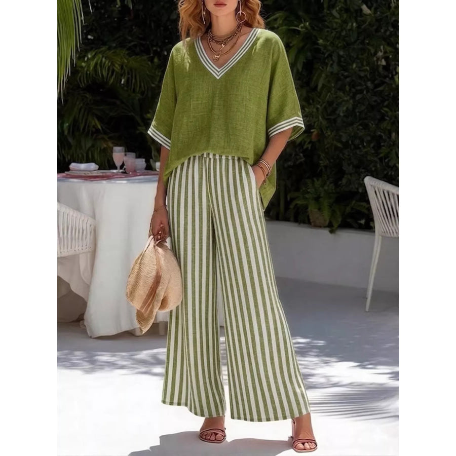 Full Size V-Neck Striped Top and Pants Two-Piece Set Plus Green / S Apparel Accessories