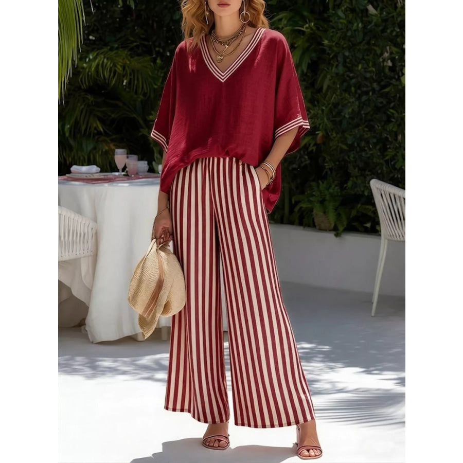 Full Size V-Neck Striped Top and Pants Two-Piece Set Plus Red / S Apparel Accessories