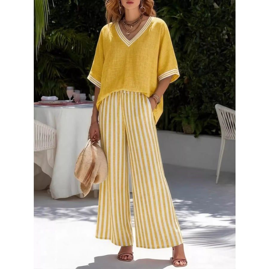 Full Size V-Neck Striped Top and Pants Two-Piece Set Plus Yellow / S Apparel Accessories
