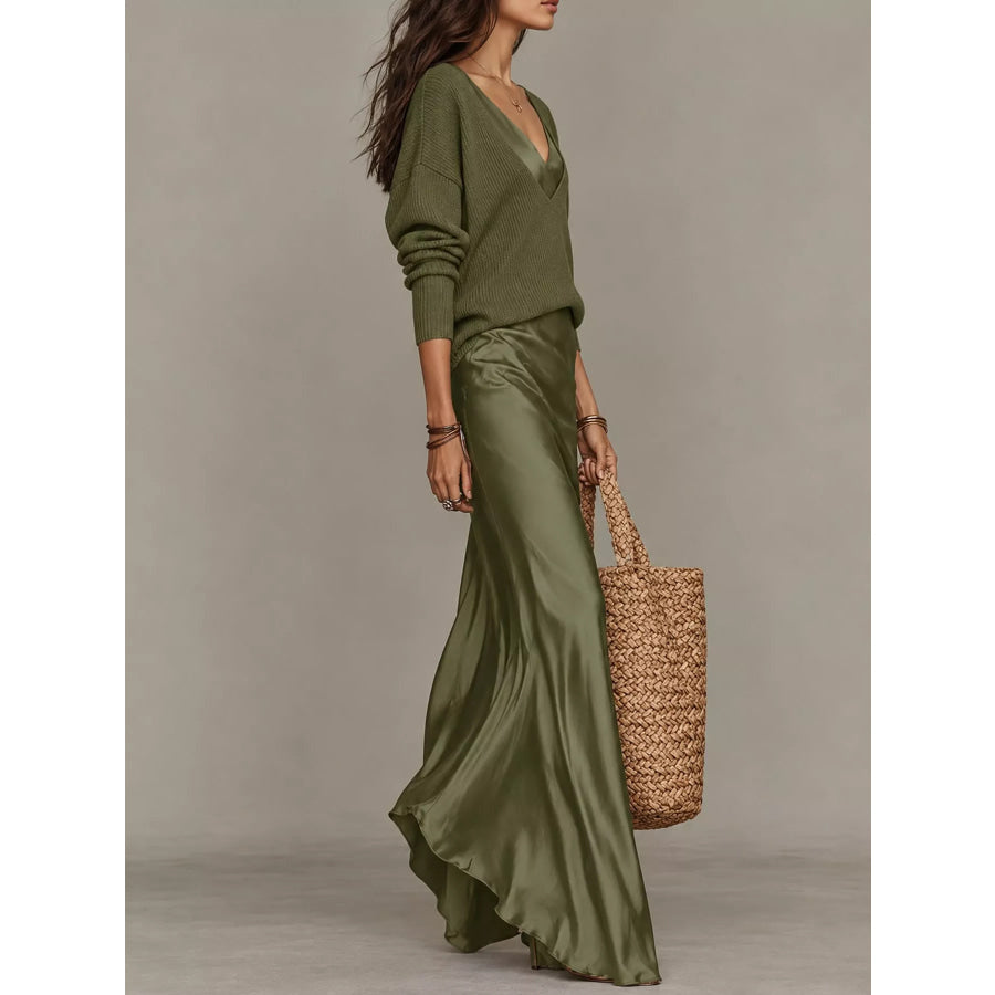 Full Size V-Neck Sweater and Satin Maxi Dress Two-Piece Set Plus Apparel Accessories