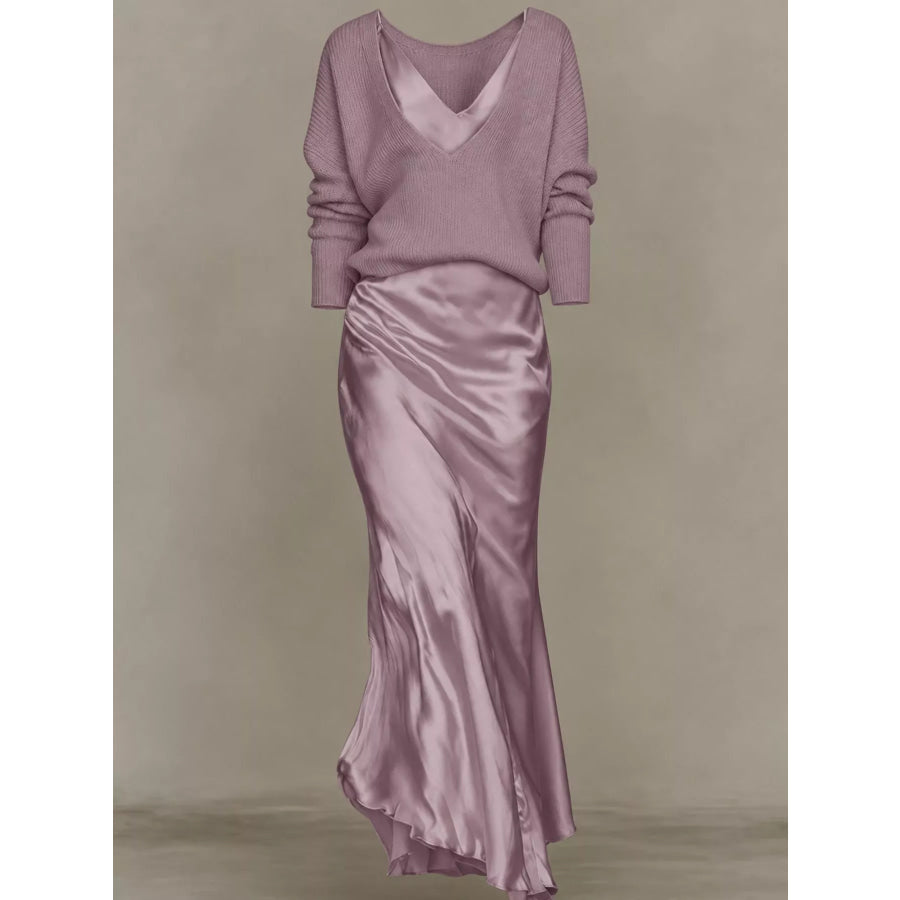 Full Size V-Neck Sweater and Satin Maxi Dress Two-Piece Set Plus Apparel Accessories