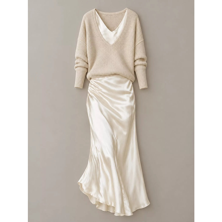 Full Size V-Neck Sweater and Satin Maxi Dress Two-Piece Set Plus Apparel Accessories