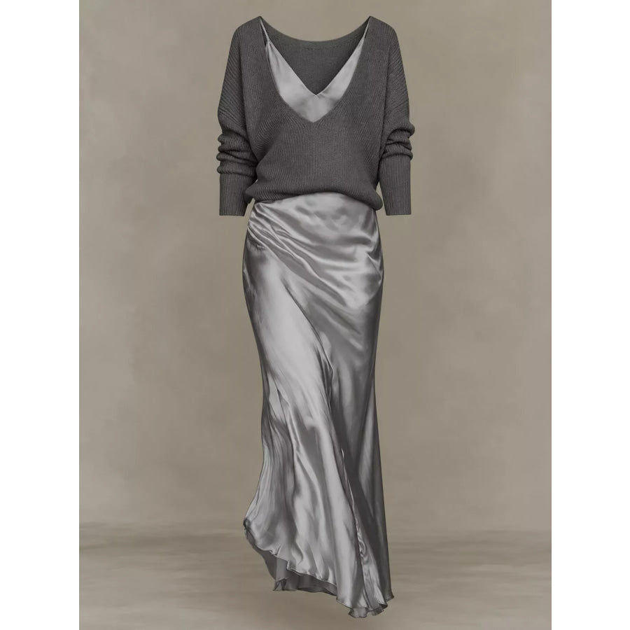 Full Size V-Neck Sweater and Satin Maxi Dress Two-Piece Set Plus Apparel Accessories