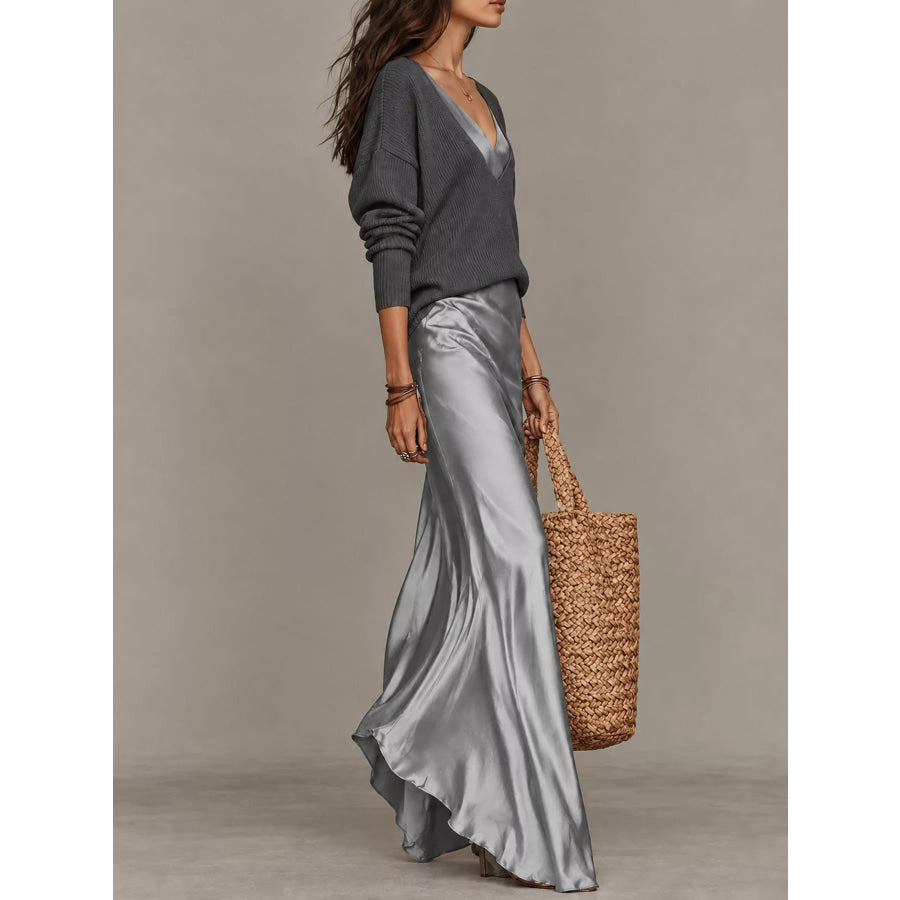 Full Size V-Neck Sweater and Satin Maxi Dress Two-Piece Set Plus Apparel Accessories