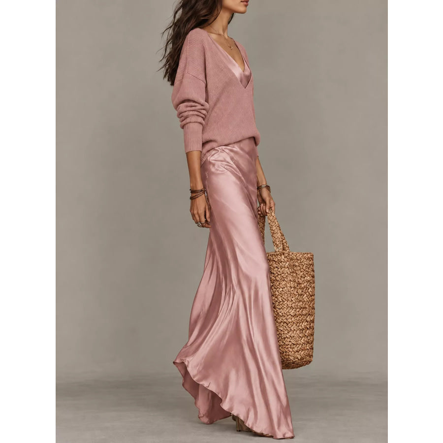 Full Size V-Neck Sweater and Satin Maxi Dress Two-Piece Set Plus Apparel Accessories