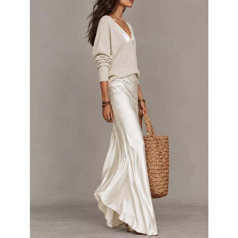 Full Size V-Neck Sweater and Satin Maxi Dress Two-Piece Set Plus Apparel Accessories