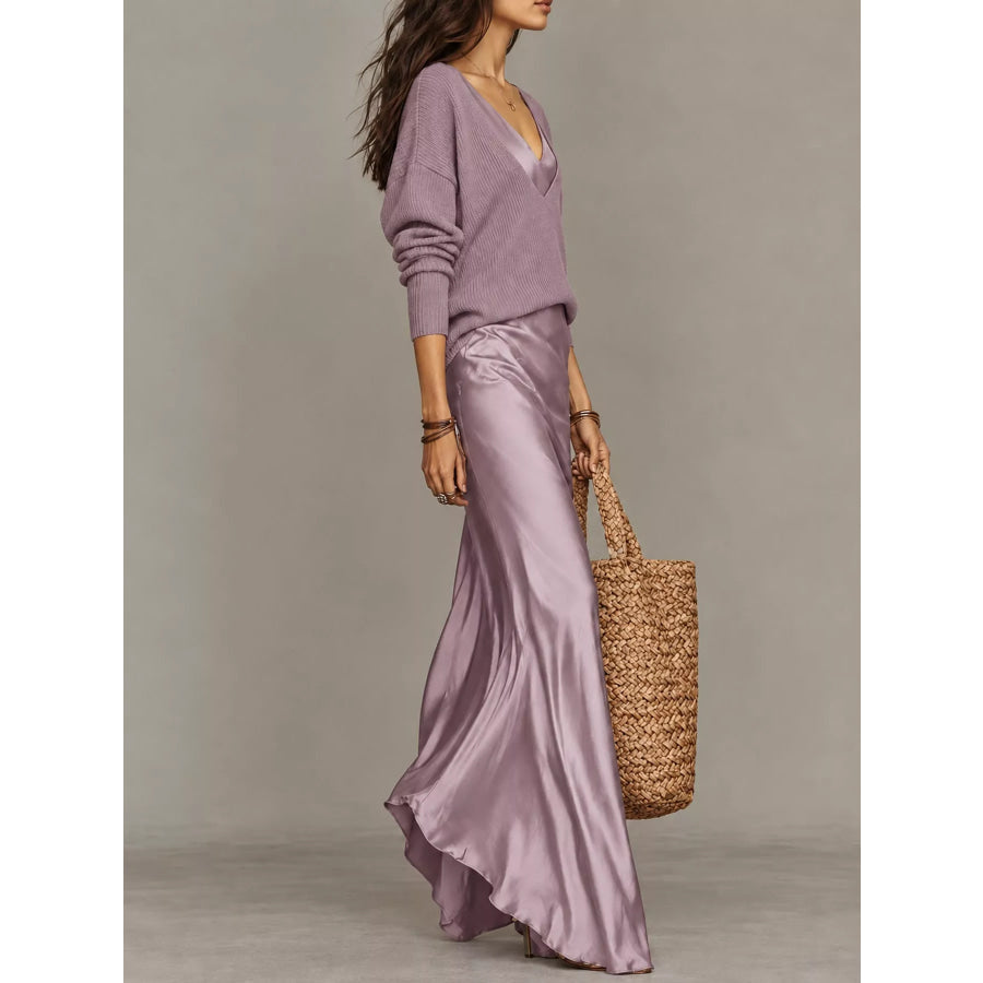 Full Size V-Neck Sweater and Satin Maxi Dress Two-Piece Set Plus Apparel Accessories