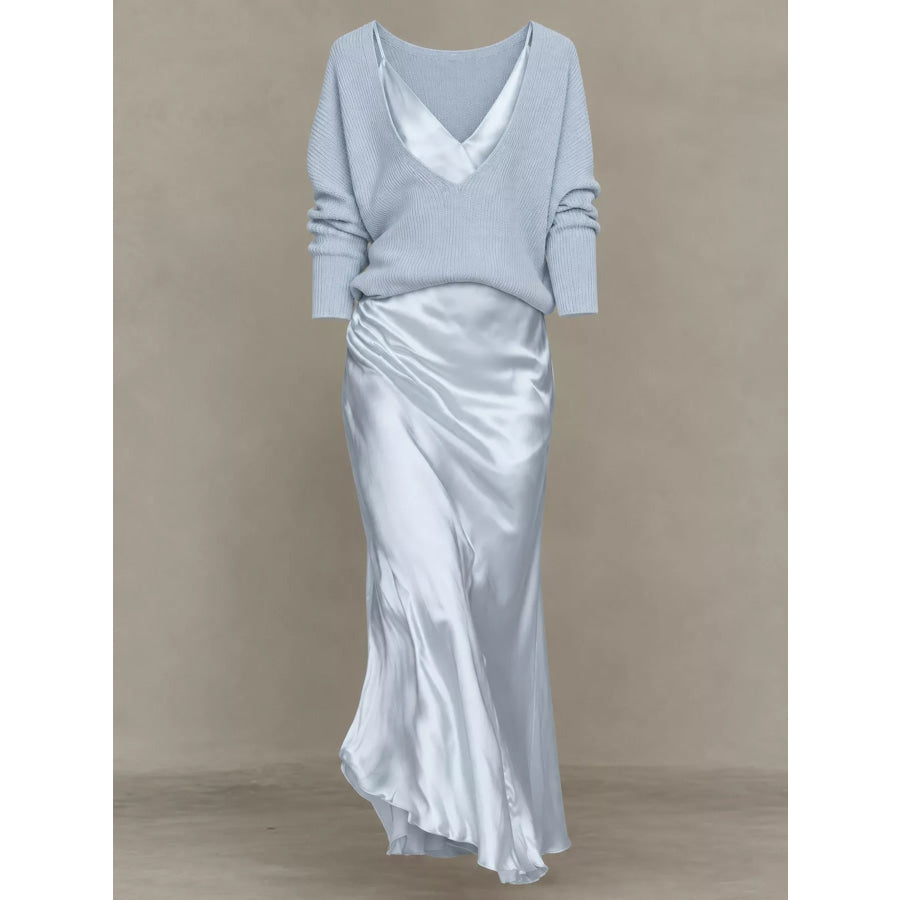 Full Size V-Neck Sweater and Satin Maxi Dress Two-Piece Set Plus Apparel Accessories