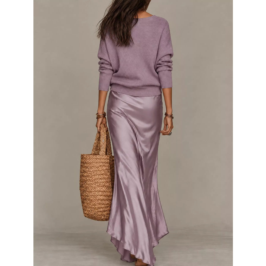 Full Size V-Neck Sweater and Satin Maxi Dress Two-Piece Set Plus Apparel Accessories