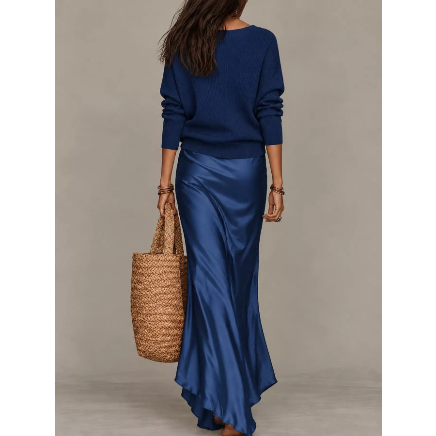 Full Size V-Neck Sweater and Satin Maxi Dress Two-Piece Set Plus Apparel Accessories