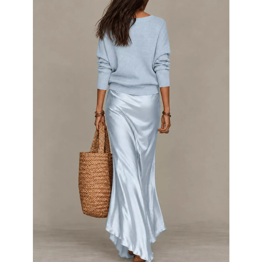 Full Size V-Neck Sweater and Satin Maxi Dress Two-Piece Set Plus Apparel Accessories