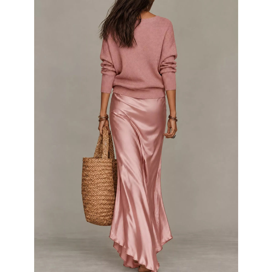 Full Size V-Neck Sweater and Satin Maxi Dress Two-Piece Set Plus Apparel Accessories