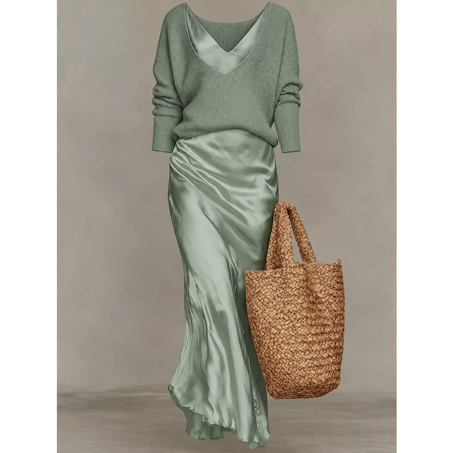 Full Size V-Neck Sweater and Satin Maxi Dress Two-Piece Set Plus Apparel Accessories