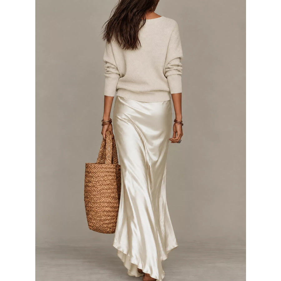 Full Size V-Neck Sweater and Satin Maxi Dress Two-Piece Set Plus Apparel Accessories