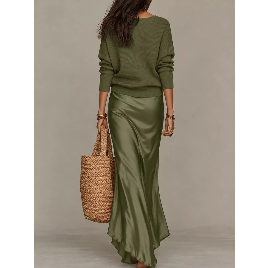 Full Size V-Neck Sweater and Satin Maxi Dress Two-Piece Set Plus Apparel Accessories