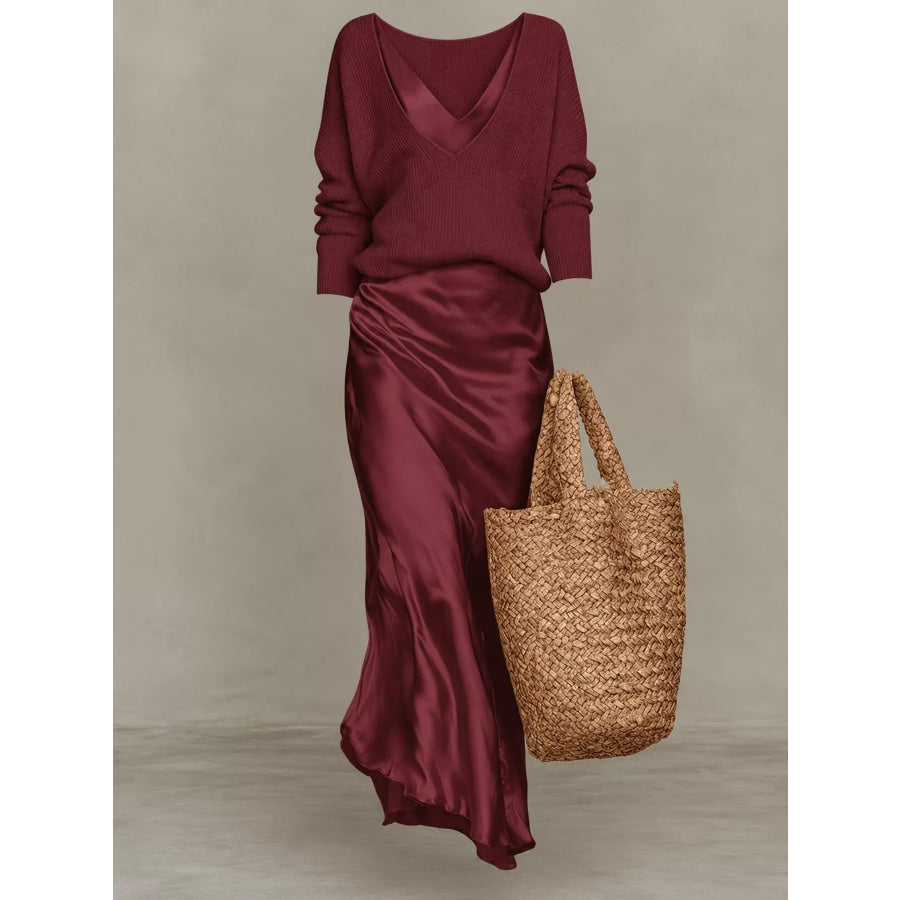 Full Size V-Neck Sweater and Satin Maxi Dress Two-Piece Set Plus Apparel Accessories