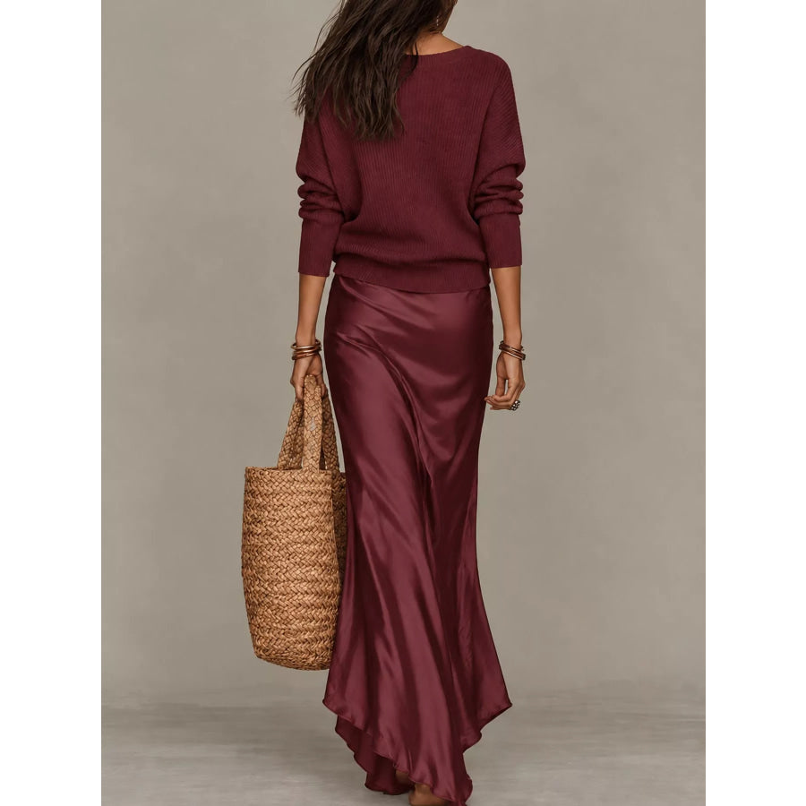 Full Size V-Neck Sweater and Satin Maxi Dress Two-Piece Set Plus Apparel Accessories