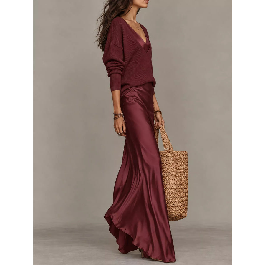 Full Size V-Neck Sweater and Satin Maxi Dress Two-Piece Set Plus Apparel Accessories