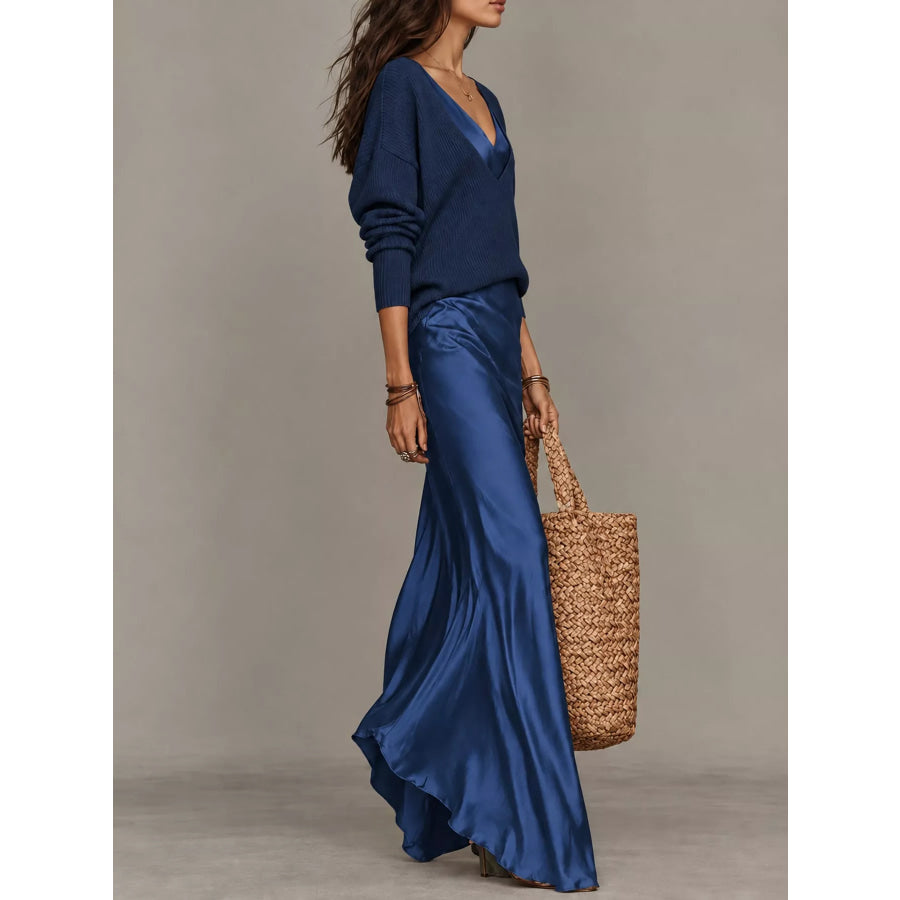 Full Size V-Neck Sweater and Satin Maxi Dress Two-Piece Set Plus Apparel Accessories