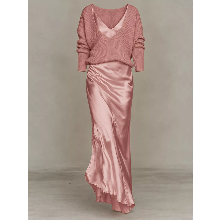 Full Size V-Neck Sweater and Satin Maxi Dress Two-Piece Set Plus Apparel Accessories