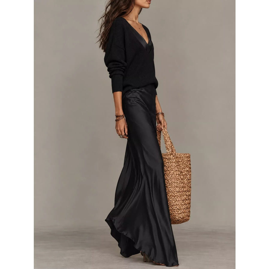 Full Size V-Neck Sweater and Satin Maxi Dress Two-Piece Set Plus Apparel Accessories