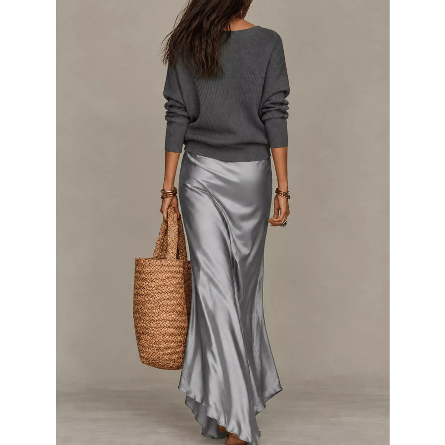 Full Size V-Neck Sweater and Satin Maxi Dress Two-Piece Set Plus Apparel Accessories