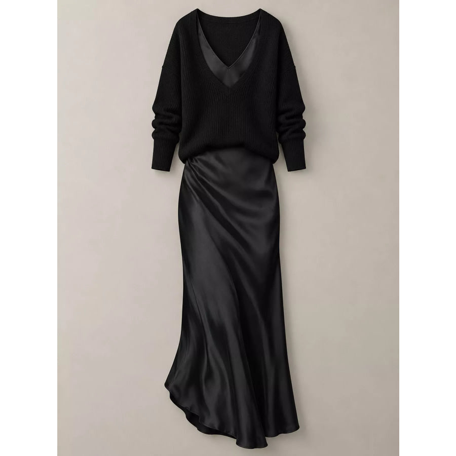 Full Size V-Neck Sweater and Satin Maxi Dress Two-Piece Set Plus Apparel Accessories