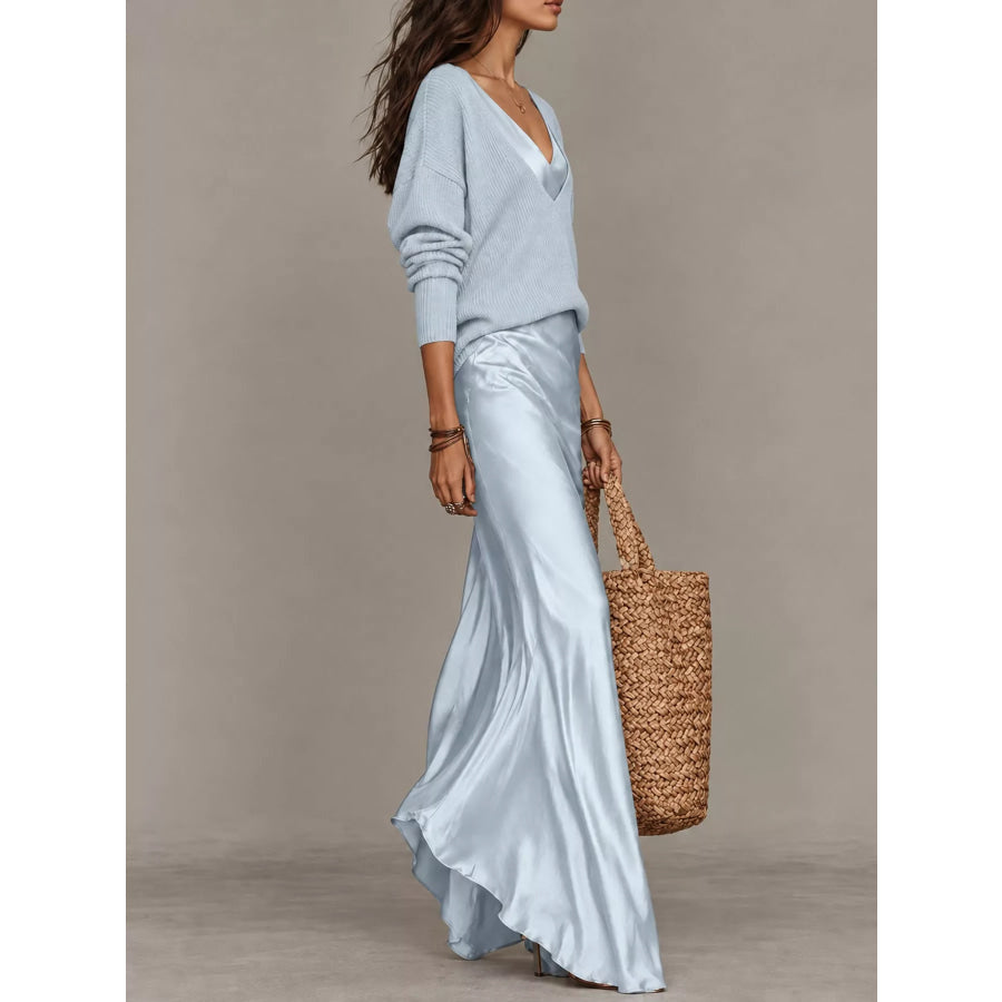 Full Size V-Neck Sweater and Satin Maxi Dress Two-Piece Set Plus Apparel Accessories