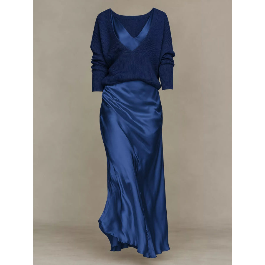 Full Size V-Neck Sweater and Satin Maxi Dress Two-Piece Set Plus Apparel Accessories