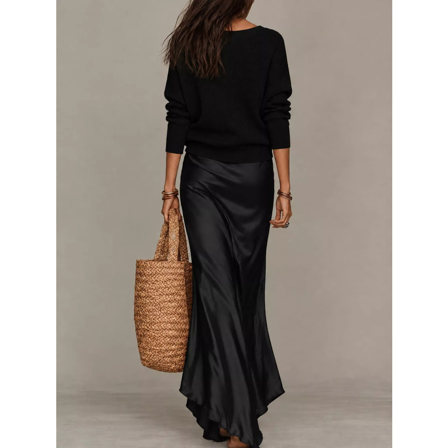 Full Size V-Neck Sweater and Satin Maxi Dress Two-Piece Set Plus Apparel Accessories