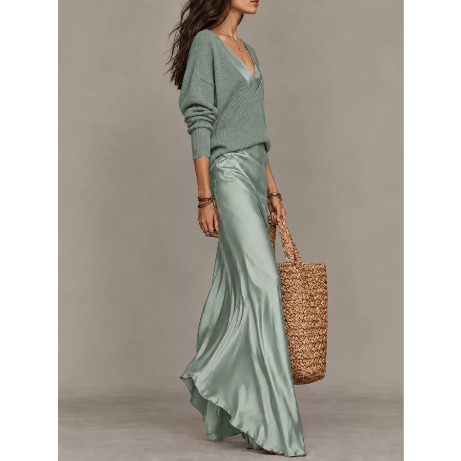 Full Size V-Neck Sweater and Satin Maxi Dress Two-Piece Set Plus Apparel Accessories