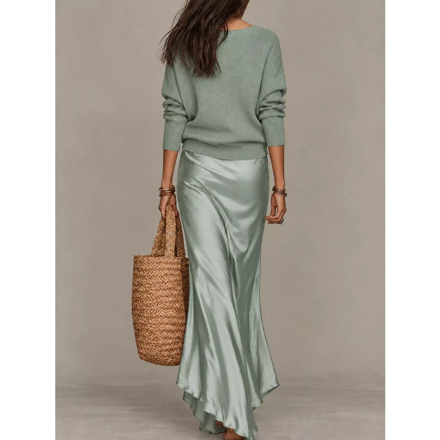 Full Size V-Neck Sweater and Satin Maxi Dress Two-Piece Set Plus Apparel Accessories