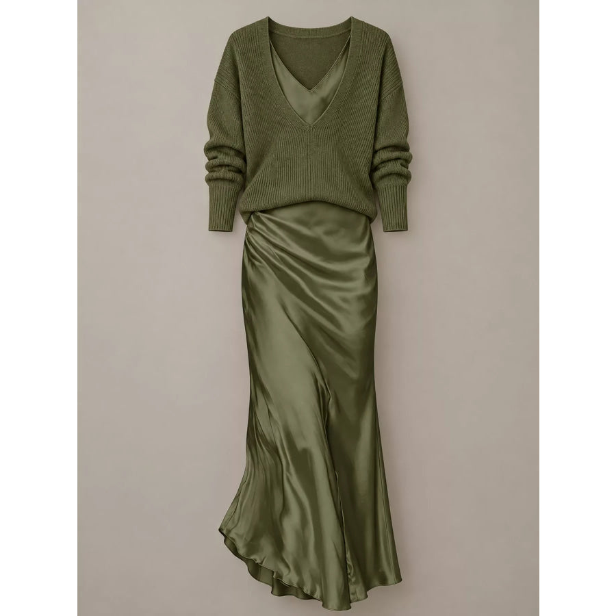 Full Size V-Neck Sweater and Satin Maxi Dress Two-Piece Set Plus Apparel Accessories