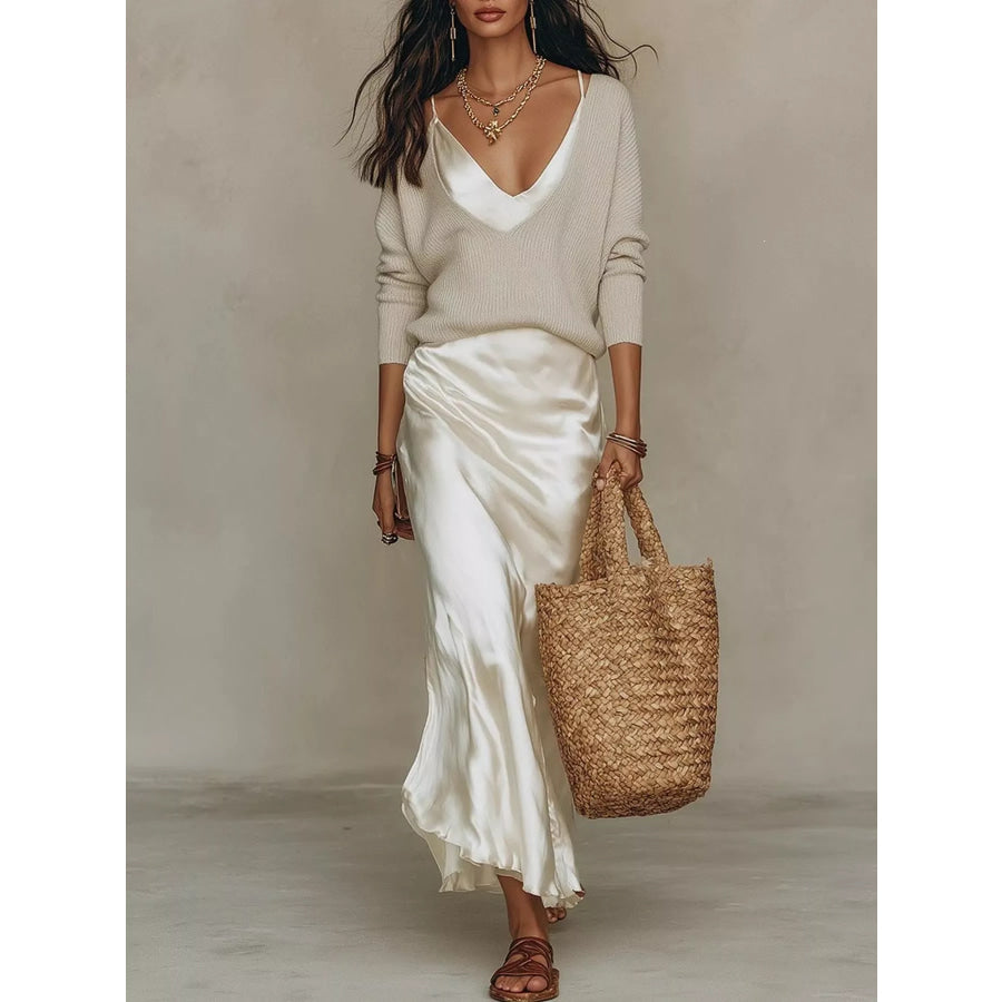 Full Size V-Neck Sweater and Satin Maxi Dress Two-Piece Set Plus Apricot-Set / S Apparel Accessories