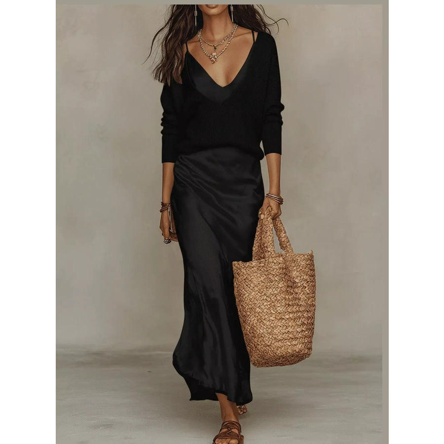 Full Size V-Neck Sweater and Satin Maxi Dress Two-Piece Set Plus Black-Set / S Apparel Accessories