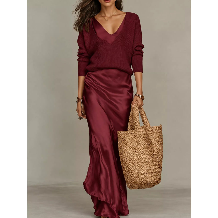 Full Size V-Neck Sweater and Satin Maxi Dress Two-Piece Set Plus Burgundy-Set / S Apparel Accessories