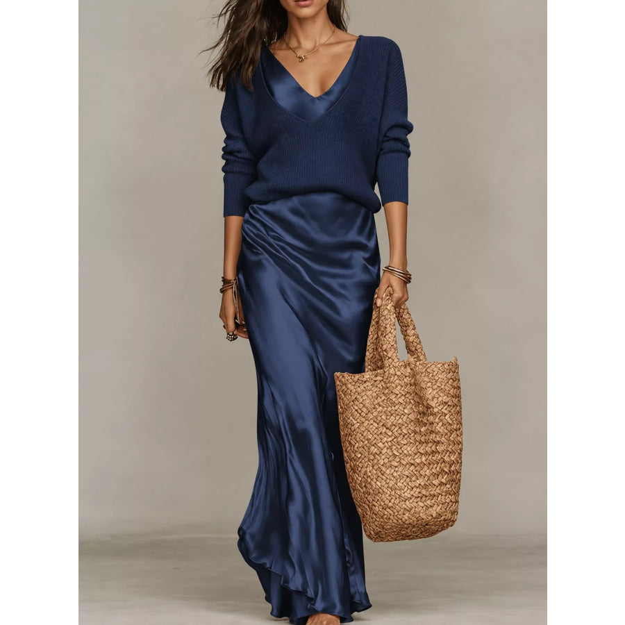 Full Size V-Neck Sweater and Satin Maxi Dress Two-Piece Set Plus Dark Blue-Set / S Apparel Accessories