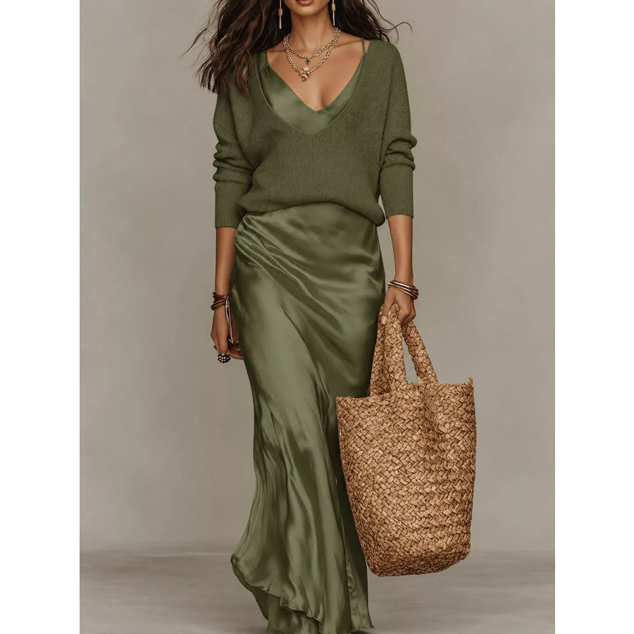 Full Size V-Neck Sweater and Satin Maxi Dress Two-Piece Set Plus Dark Green-Set / S Apparel Accessories