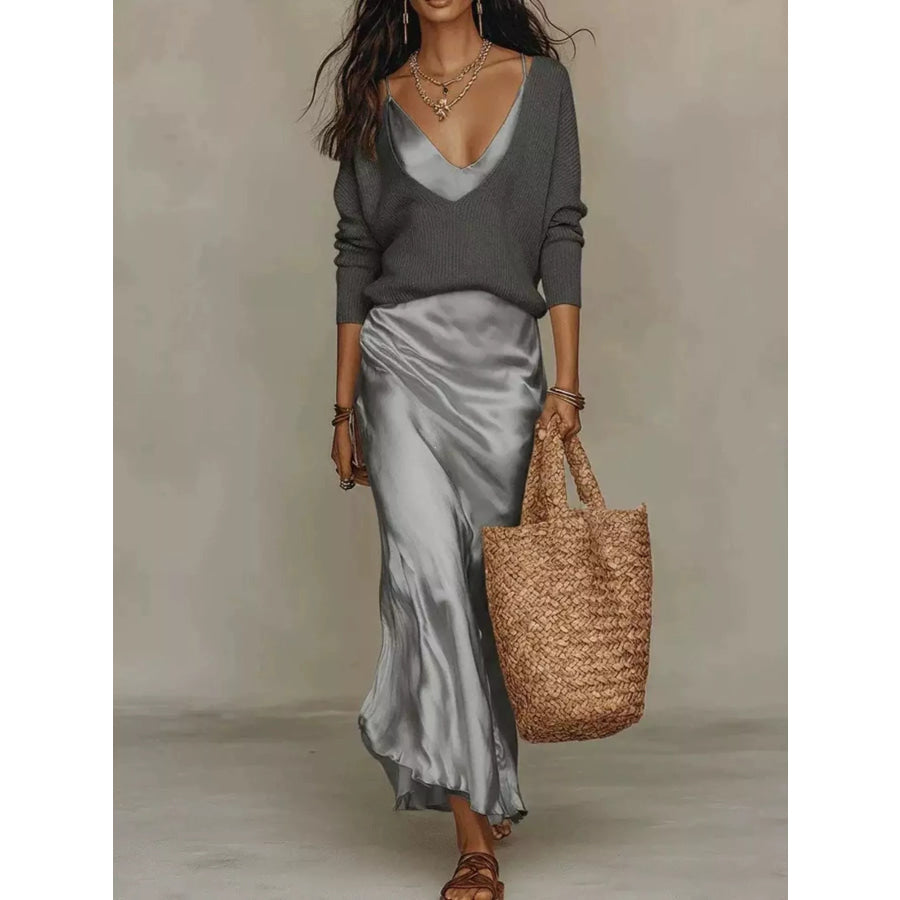 Full Size V-Neck Sweater and Satin Maxi Dress Two-Piece Set Plus Gray-Set / S Apparel Accessories