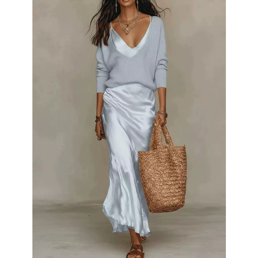 Full Size V-Neck Sweater and Satin Maxi Dress Two-Piece Set Plus Light Blue-Set / S Apparel Accessories