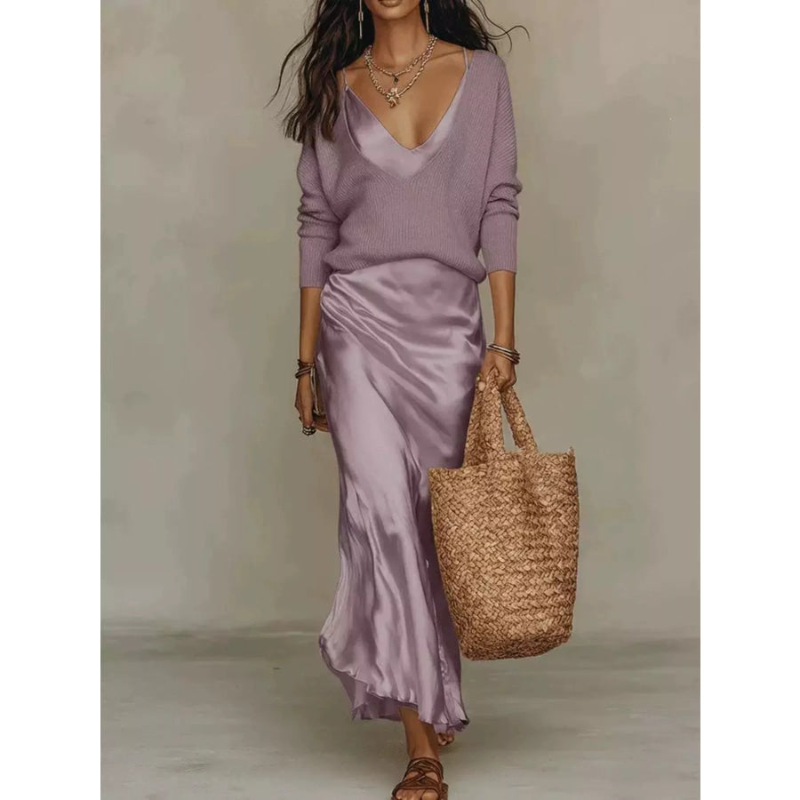 Full Size V-Neck Sweater and Satin Maxi Dress Two-Piece Set Plus Purple-Set / S Apparel Accessories