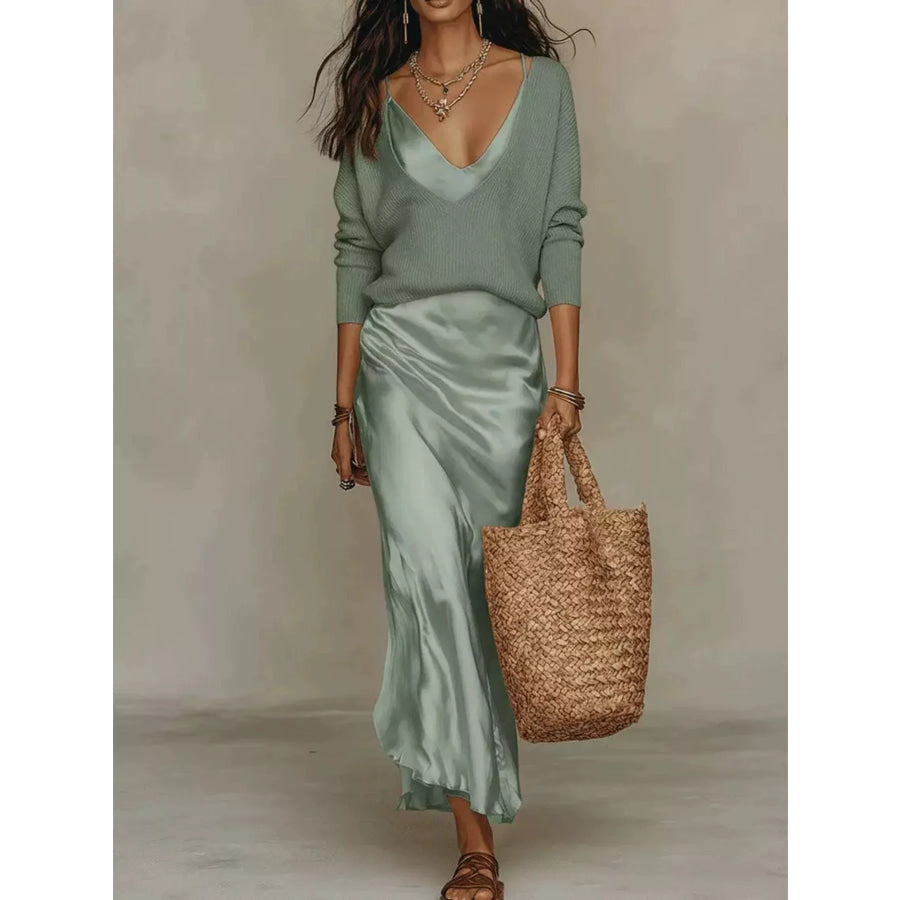 Full Size V-Neck Sweater and Satin Maxi Dress Two-Piece Set Plus Teal-Set / S Apparel Accessories