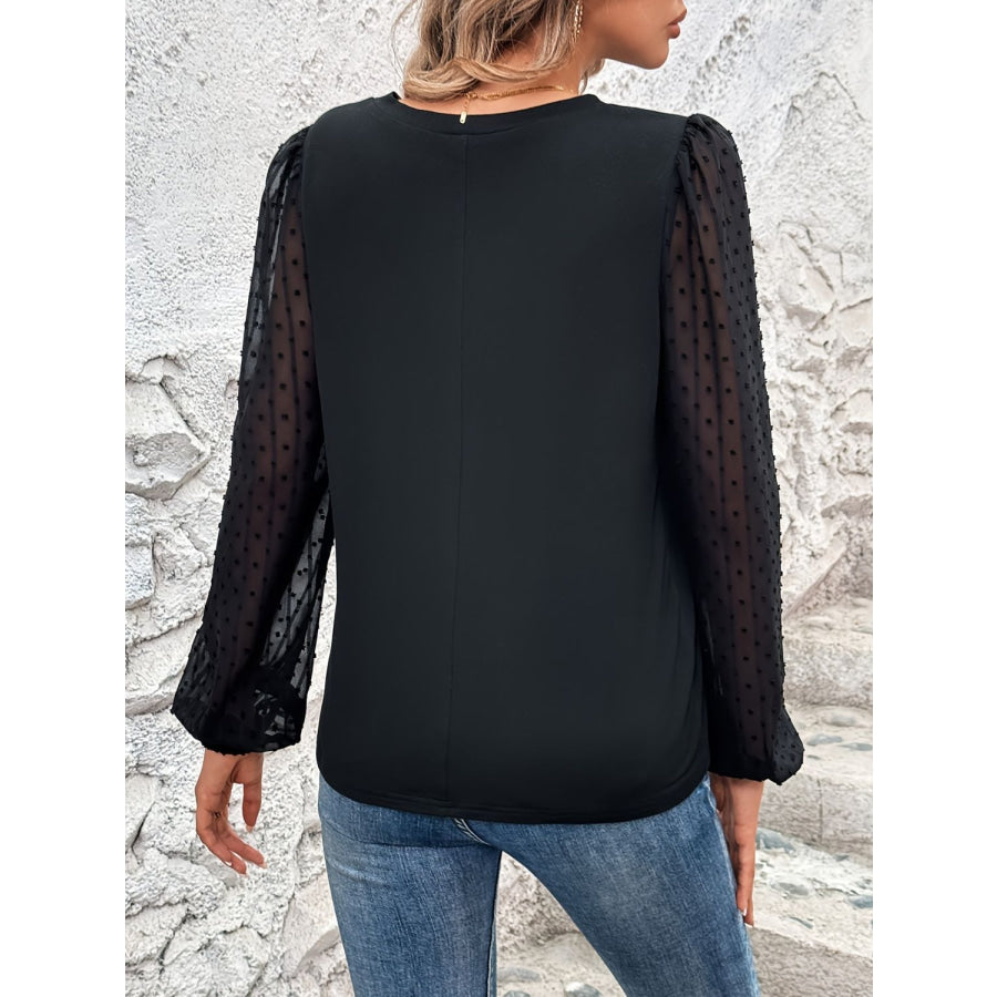 Full Size V-Neck Swiss Dot Long Sleeve Blouse Black / S Apparel and Accessories