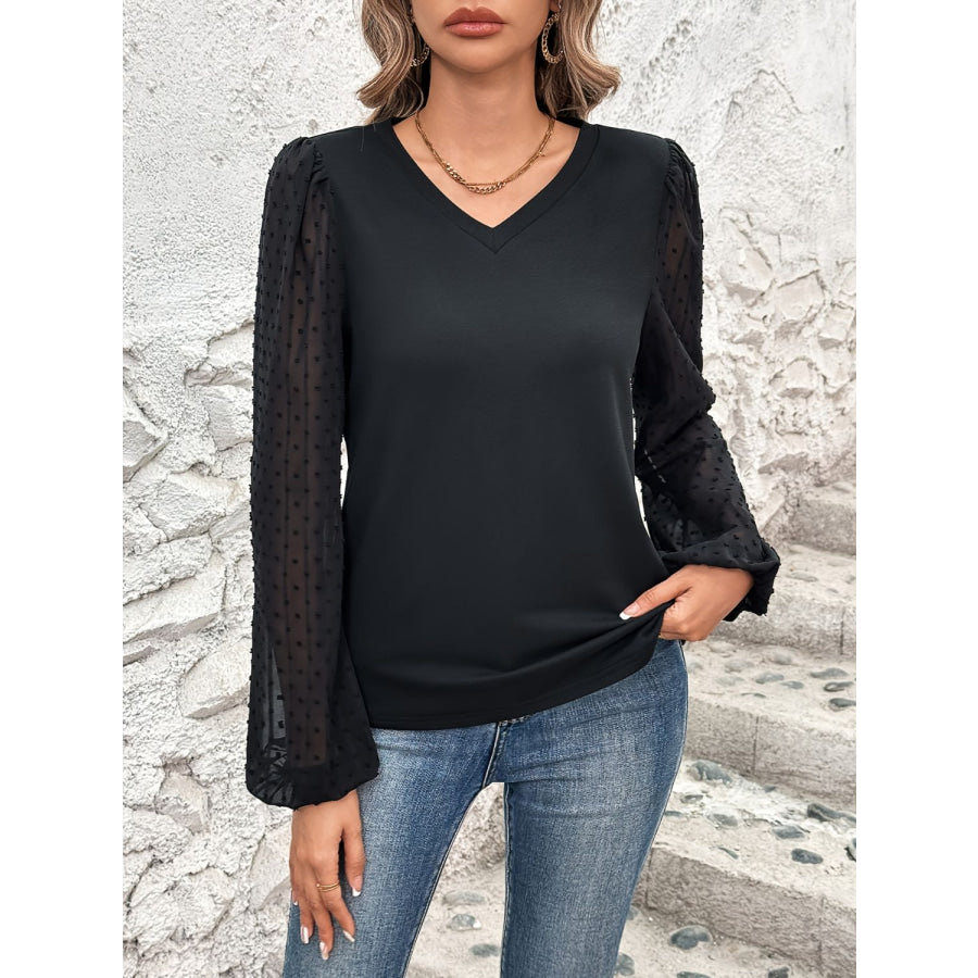 Full Size V-Neck Swiss Dot Long Sleeve Blouse Black / S Apparel and Accessories