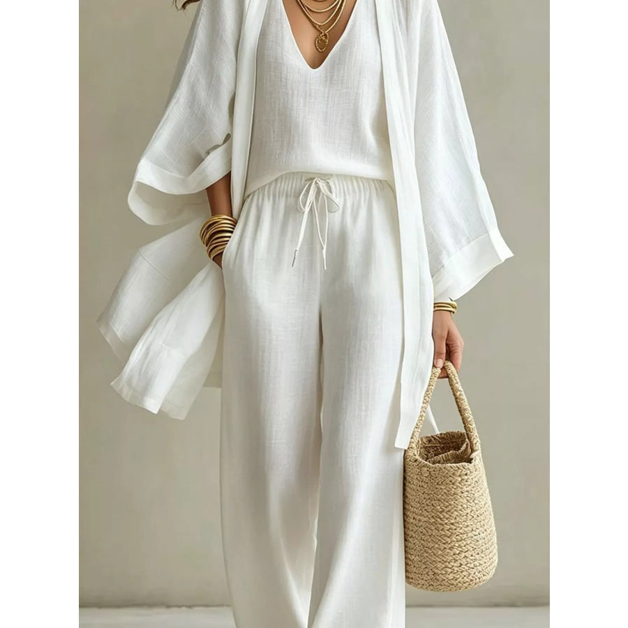 Full Size V-Neck Tank & Cardigan and Pants Set Plus Size Apparel and Accessories