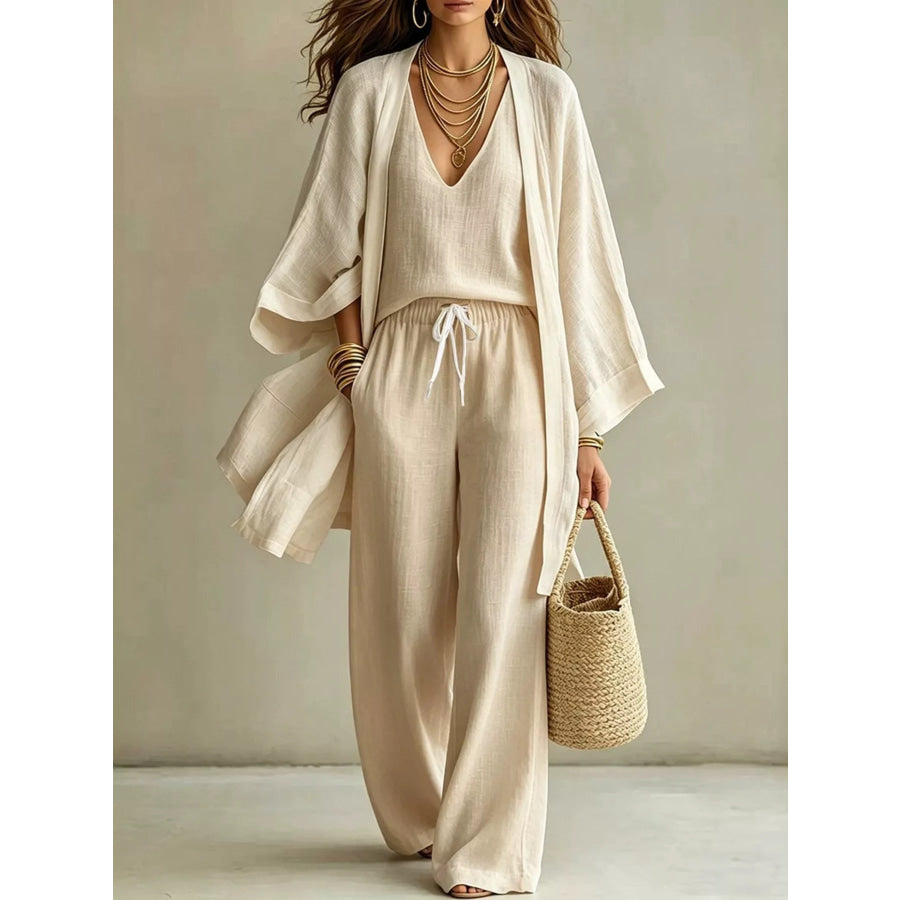 Full Size V-Neck Tank & Cardigan and Pants Set Plus Size Apricot / S Apparel and Accessories