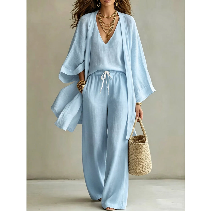 Full Size V-Neck Tank & Cardigan and Pants Set Plus Size Light Blue / S Apparel and Accessories
