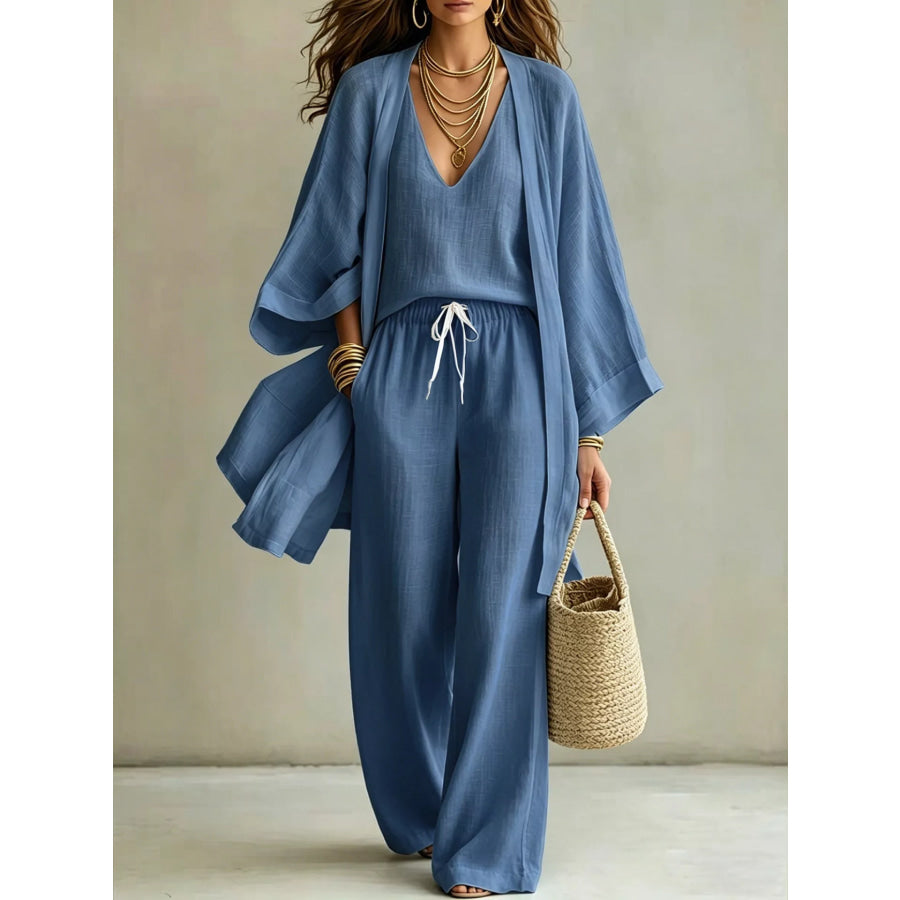 Full Size V-Neck Tank & Cardigan and Pants Set Plus Size Royal Blue / S Apparel and Accessories