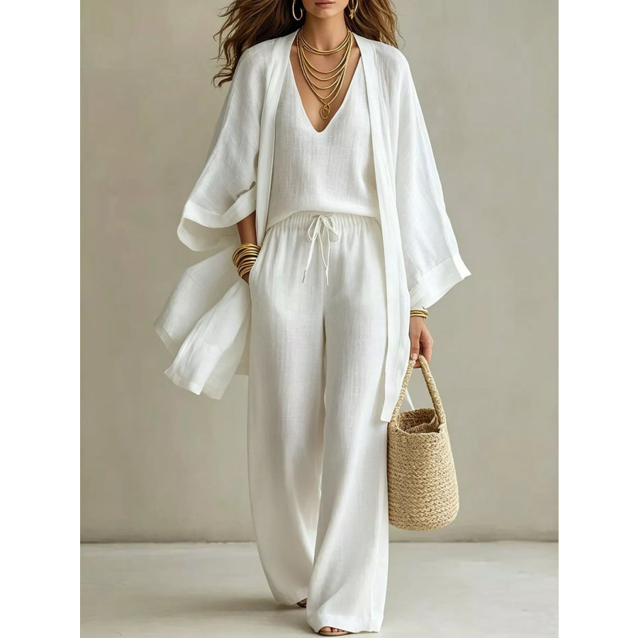 Full Size V-Neck Tank & Cardigan and Pants Set Plus Size White / S Apparel and Accessories