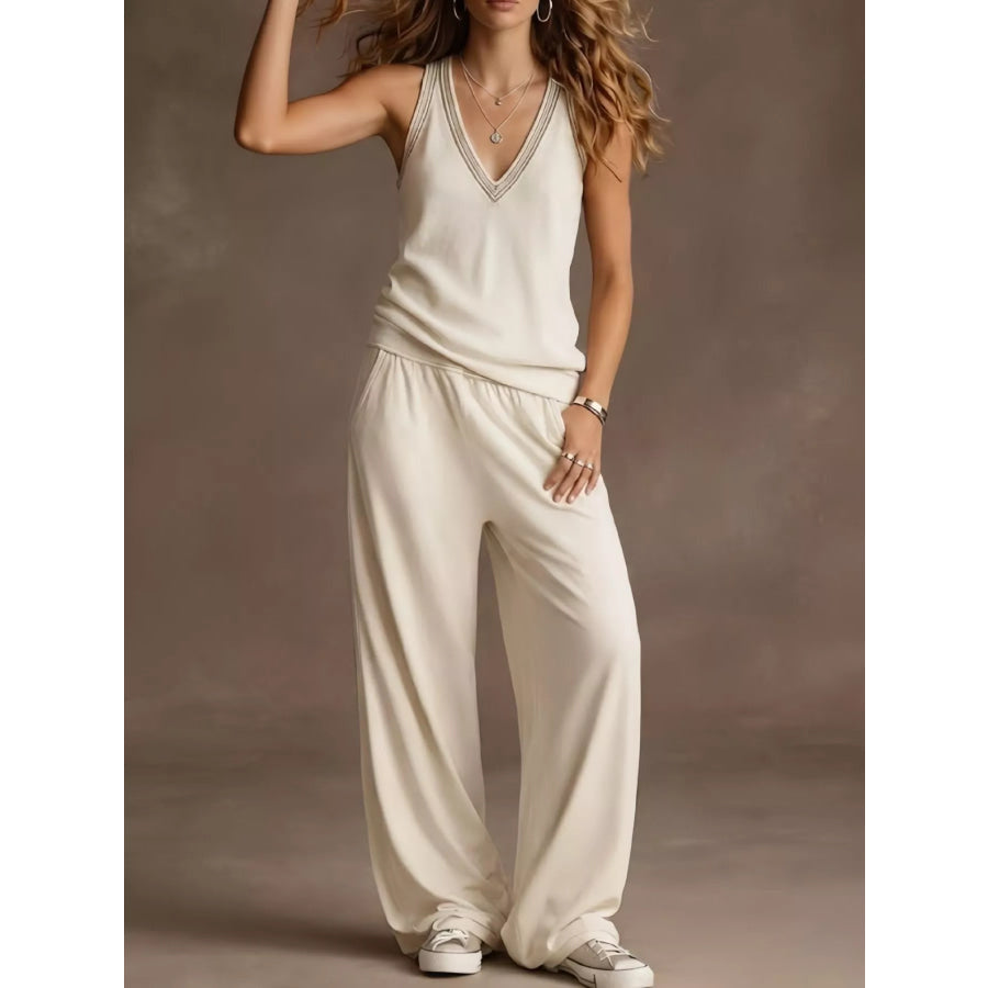 Full Size V-Neck Tank Top & Wide-Leg Pants Set Plus Size Apparel and Accessories